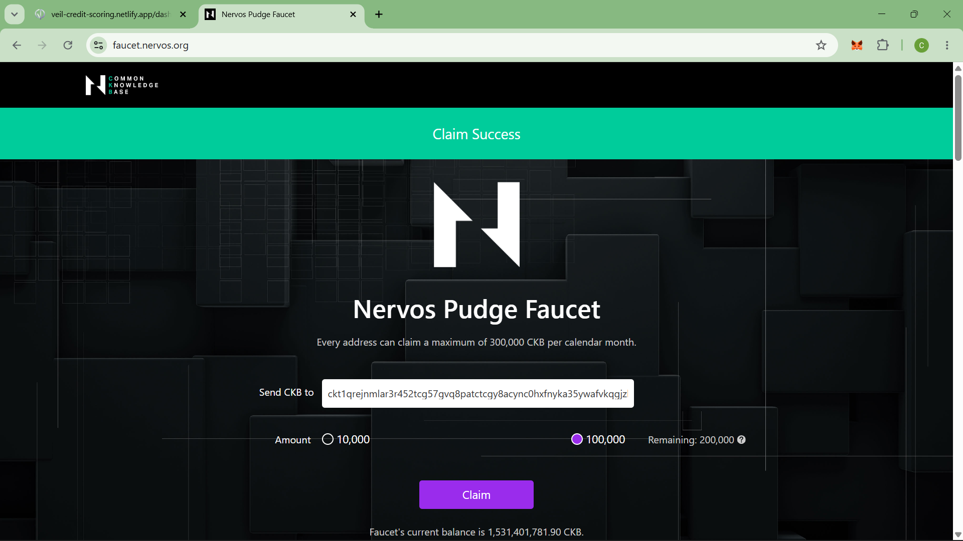 Nervos Pudge Faucet claim success message